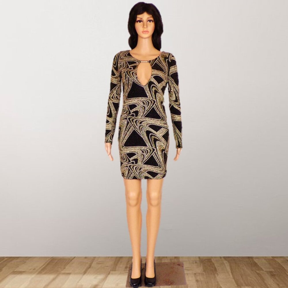 CODIGO size M black/white/gold-metallic long-sleeve bodycon sheath dress